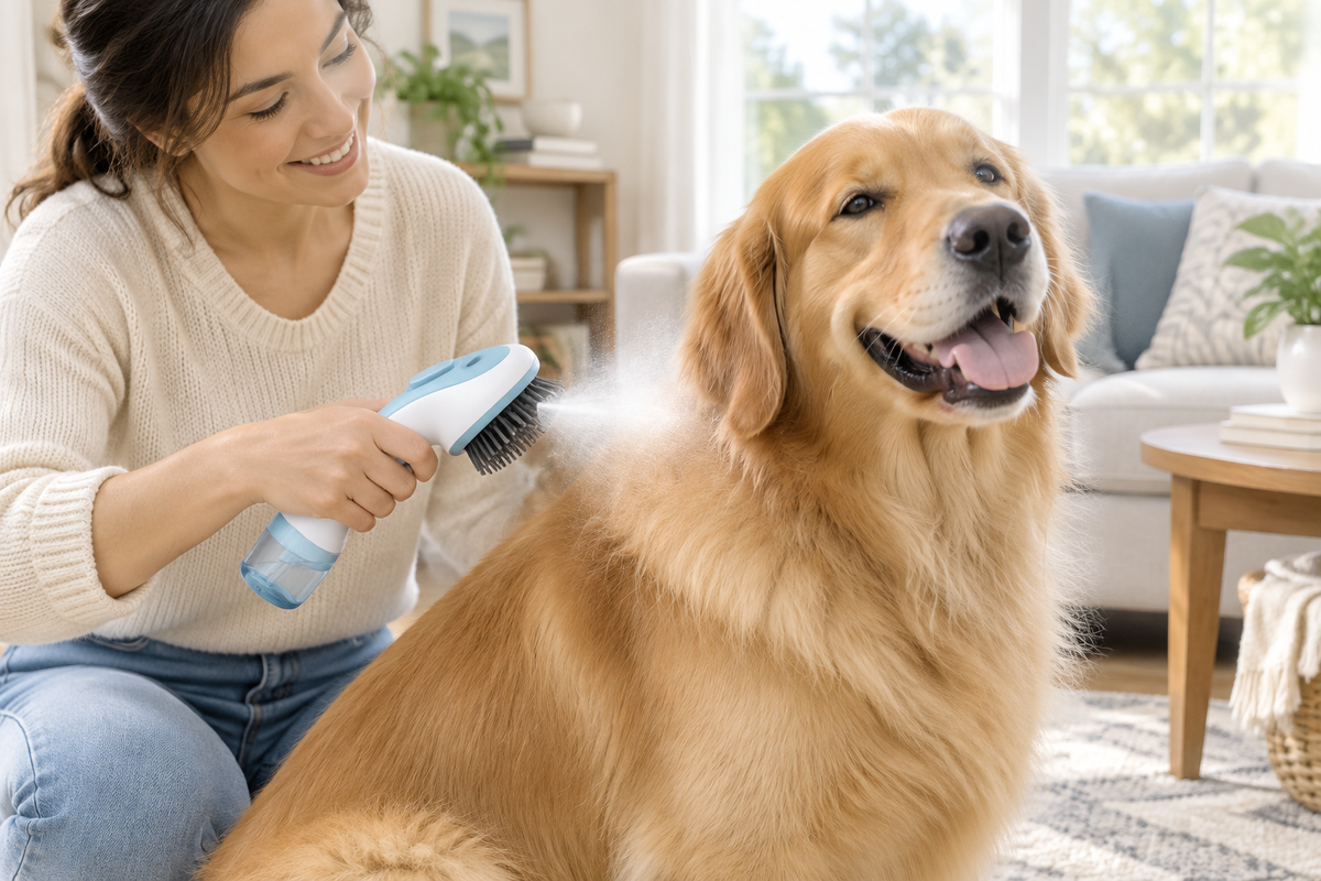 Person using a spray grooming brush on a fluffy golden retriever in a bright airy living room with a fine mist visible