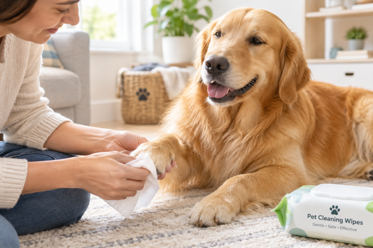 Person gently wiping a calm golden retriever's paw with a soft pet cleaning wipe in a bright home setting