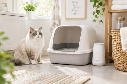 Clean modern home with a tidy cat litter box setup and a small white deodorizer device beside it with a fluffy cat nearby