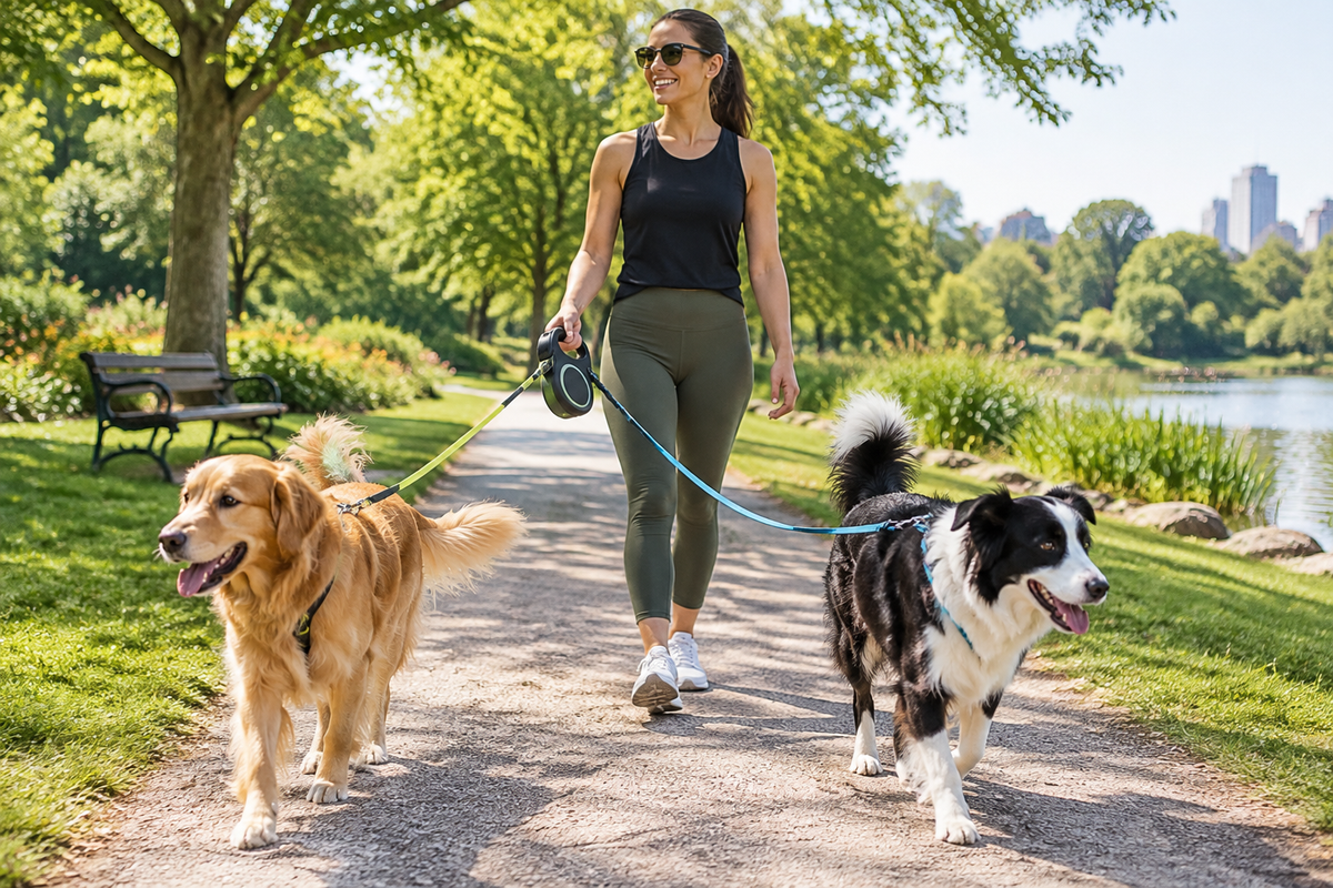 Person confidently walking two happy dogs on a sunny park path using a single dual retractable leash handle