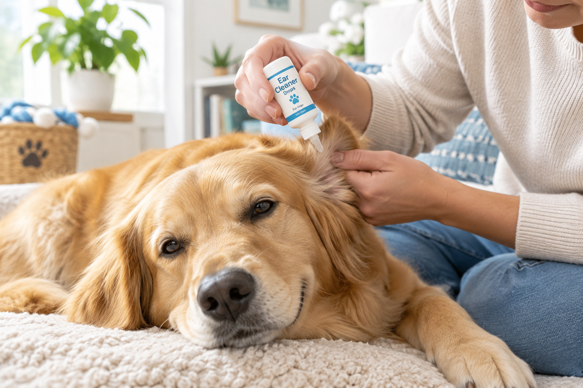 Person gently applying ear cleaning drops to a calm relaxed dog's ear in a bright home setting