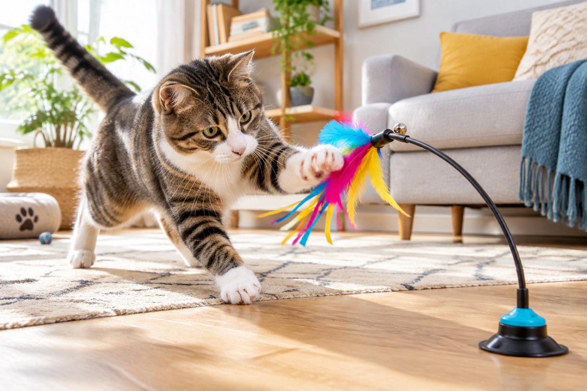 Playful cat batting at a colorful teaser wand toy attached to the floor with a suction cup in a bright modern living room